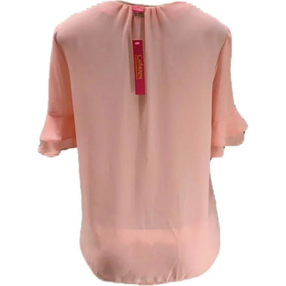 Catherine Malandrino S Coral Blush Sheer V-Neck Short Layer Ruffle Sleeve Blouse - Picture 4 of 6